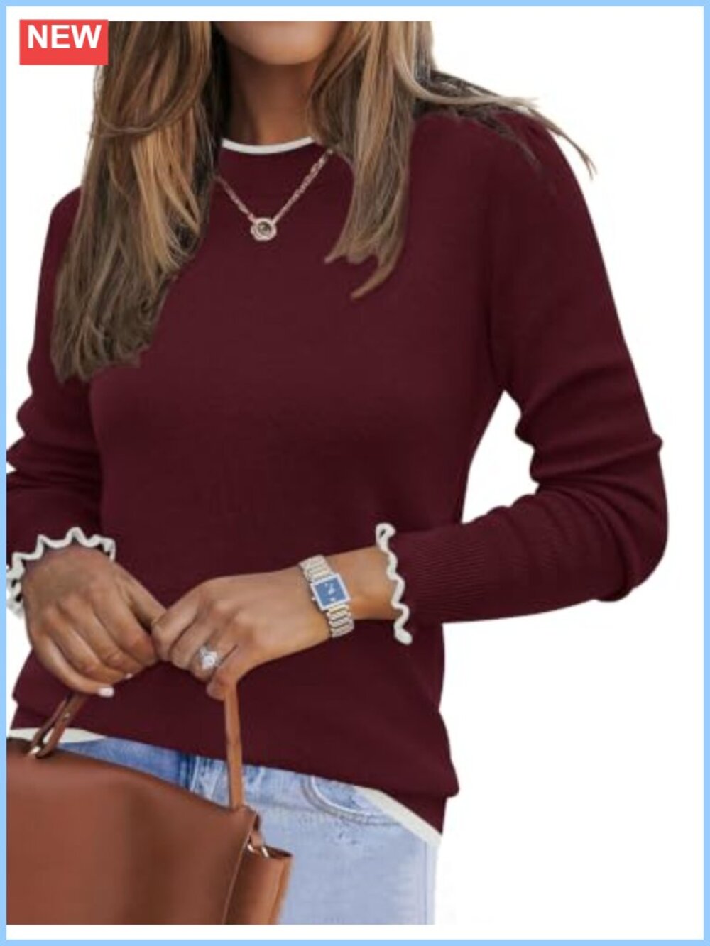 Wool Blend Knit Mock Neck Pullover Sweater Puff Sleeve Ruffle Cuff